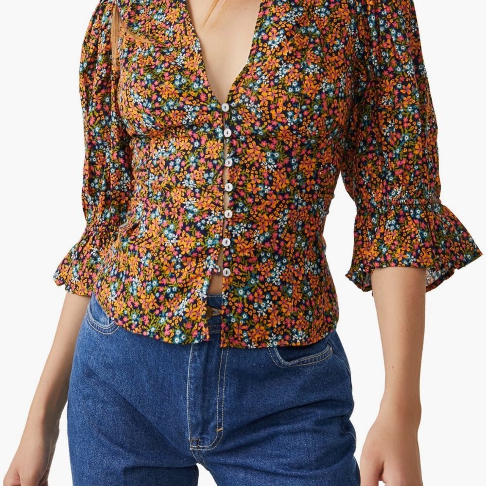 Free People Floral Peplum Top Boho Button Front XL